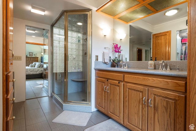 12144 S Mountain Shadow Rd, Sandy, UT 84092 - bathroom with ensuite bathroom, a stall shower, vanity, and tile patterned floors