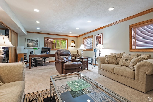 12144 S Mountain Shadow Rd, Sandy, UT 84092 - carpeted living room featuring an office area, recessed lighting, crown molding, and a textured ceiling