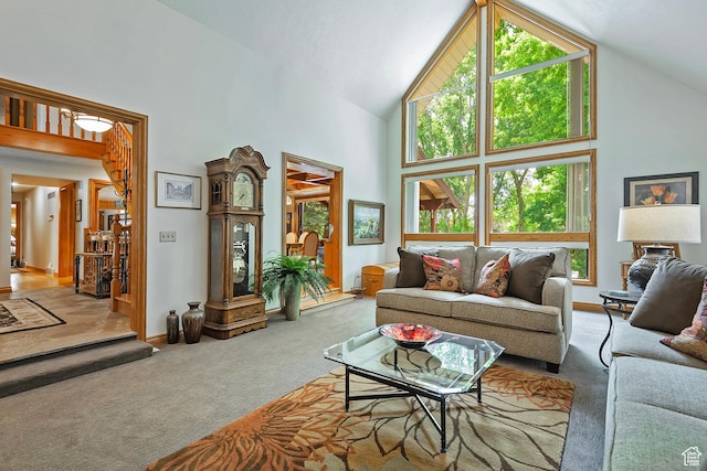 12144 S Mountain Shadow Rd, Sandy, UT 84092 - living room featuring high vaulted ceiling, carpet floors, and baseboards