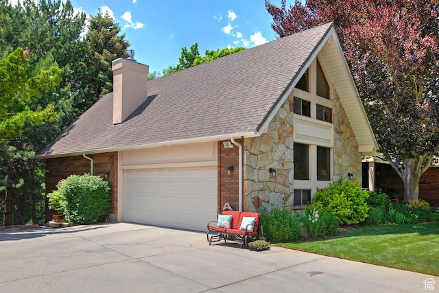 12144 S Mountain Shadow Rd, Sandy, UT 84092 - view of front of property with stone siding, concrete driveway, a chimney, a garage, and roof with shingles