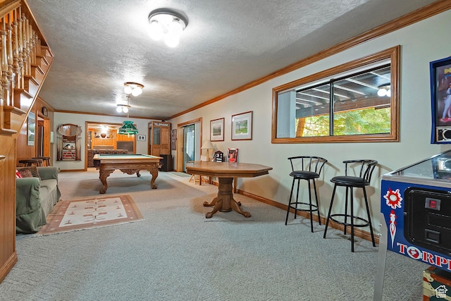 12144 S Mountain Shadow Rd, Sandy, UT 84092 - game room featuring carpet floors, baseboards, crown molding, billiards table, and a textured ceiling