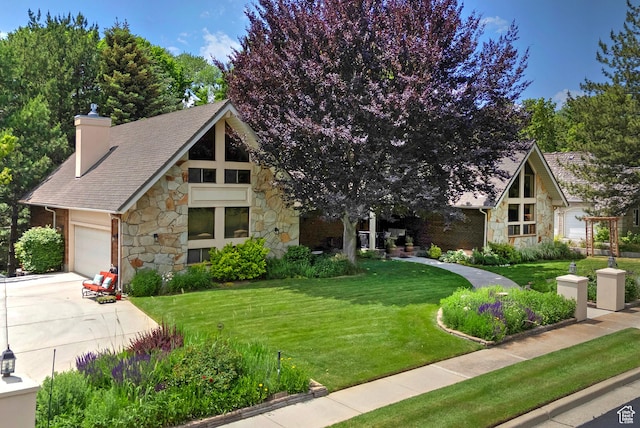 12144 S Mountain Shadow Rd, Sandy, UT 84092 - tudor house featuring stone siding, a chimney, a garage, a front lawn, and concrete driveway