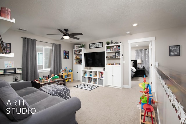 3516 N Willy Way, Eagle Mountain, UT 84005 - carpeted living room with ceiling fan, a textured ceiling, recessed lighting, and baseboards