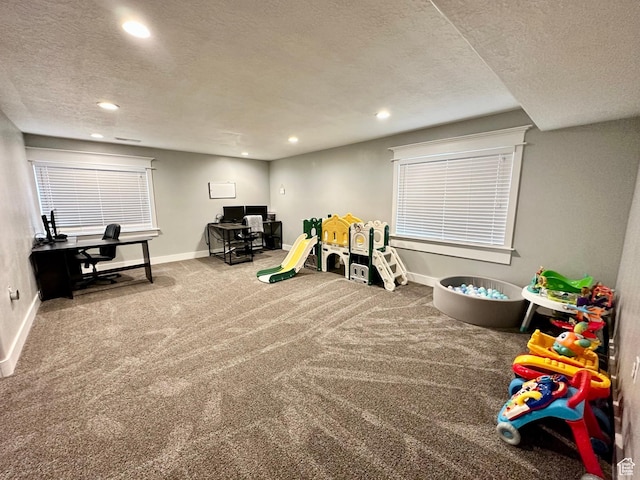 1879 E 1130 S, Spanish Fork, UT 84660 - rec room featuring carpet flooring, a textured ceiling, a desk, baseboards, and recessed lighting