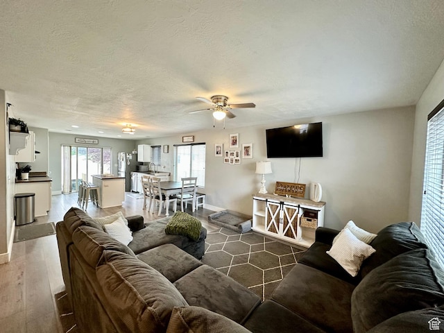 1879 E 1130 S, Spanish Fork, UT 84660 - living area with a ceiling fan, a textured ceiling, baseboards, and wood finished floors