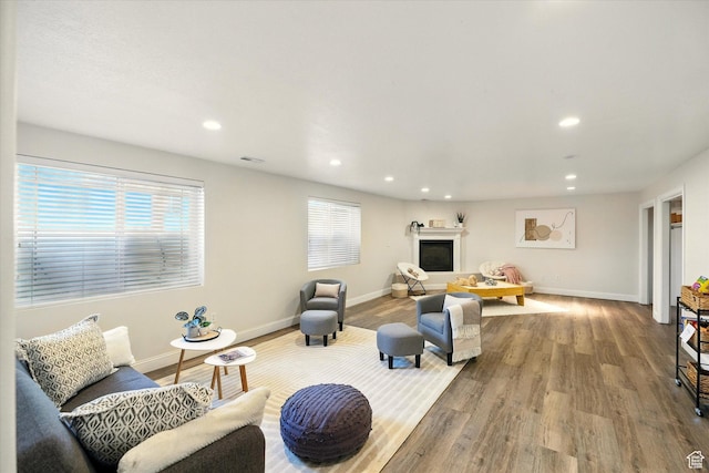 192 S 100 E, Wellsville, UT 84339 - living room with recessed lighting, wood finished floors, and a glass covered fireplace