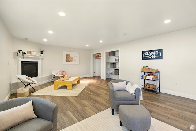 192 S 100 E, Wellsville, UT 84339 - living area featuring recessed lighting, wood finished floors, a glass covered fireplace, and built in features