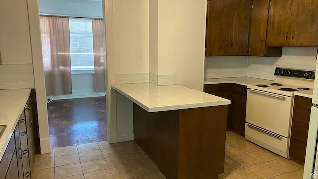 248 E 300 S, Springville, UT 84663 - kitchen with white range with electric cooktop, a peninsula, light countertops, and light tile patterned floors