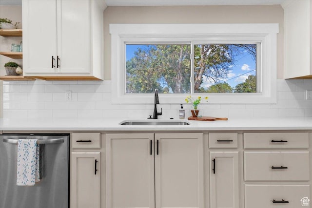 496 N 500 E, Nephi, UT 84648 - kitchen featuring stainless steel dishwasher, a sink, open shelves, and backsplash