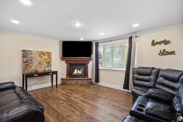 830 W 630 N, Orem, UT 84057 - living area featuring crown molding, baseboards, a fireplace, wood finished floors, and recessed lighting