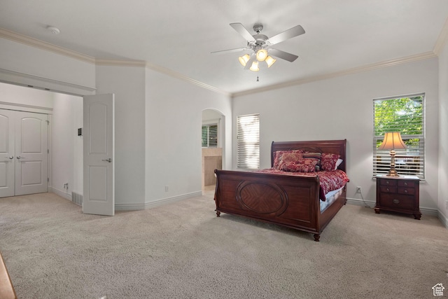 503 W 650 S, Orem, UT 84058 - carpeted bedroom with arched walkways, ornamental molding, baseboards, and a ceiling fan