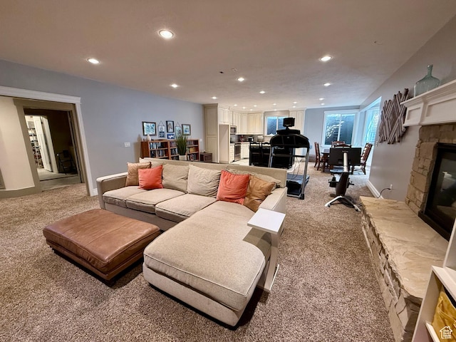 1820 S Kerrybrook Dr, Kaysville, UT 84037 - living room with light carpet, a fireplace, and recessed lighting