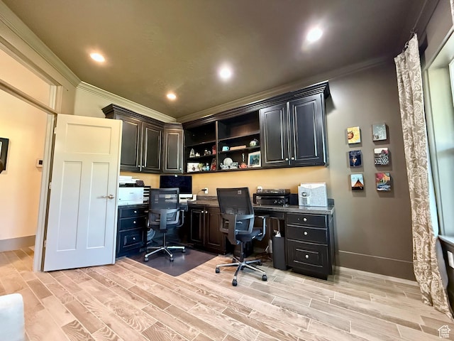 1820 S Kerrybrook Dr, Kaysville, UT 84037 - office area featuring ornamental molding, built in study area, light wood finished floors, baseboards, and recessed lighting