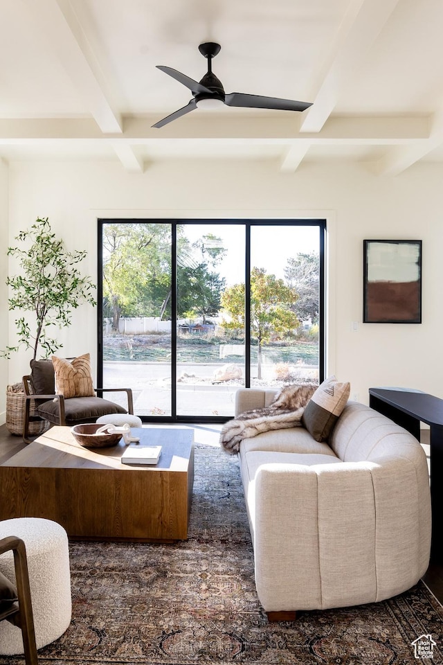 10727 N Dosh Ln, Highland, UT 84003 - living room featuring beam ceiling, plenty of natural light, and a ceiling fan