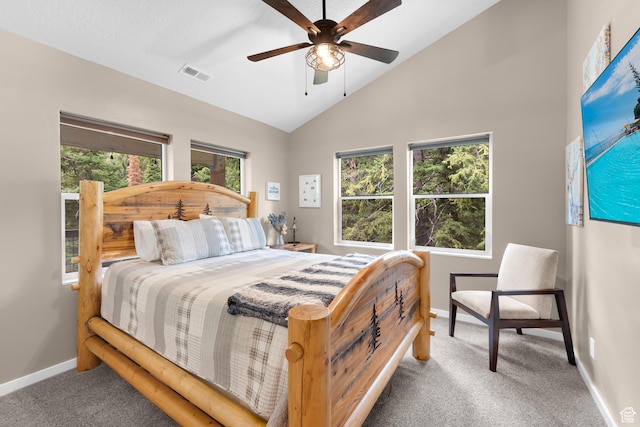 11316 E Silver Fork Rd, Brighton, UT 84121 - bedroom featuring carpet flooring, vaulted ceiling, baseboards, and a ceiling fan