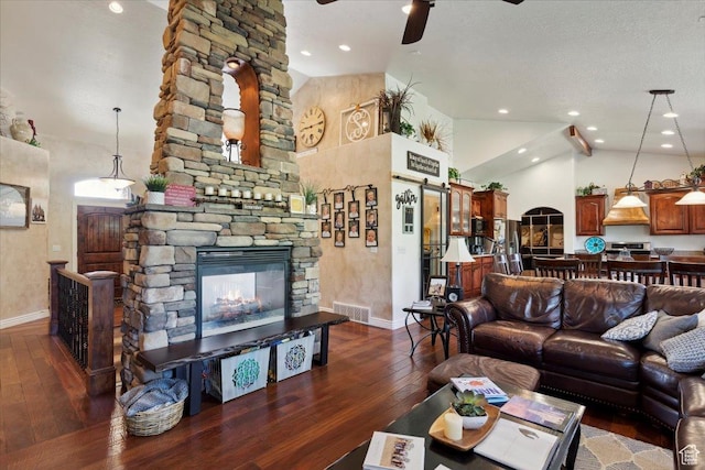 969 S View Crest Ln W, Kaysville, UT 84037 - living room with baseboards, dark wood-style flooring, ceiling fan, recessed lighting, and high vaulted ceiling