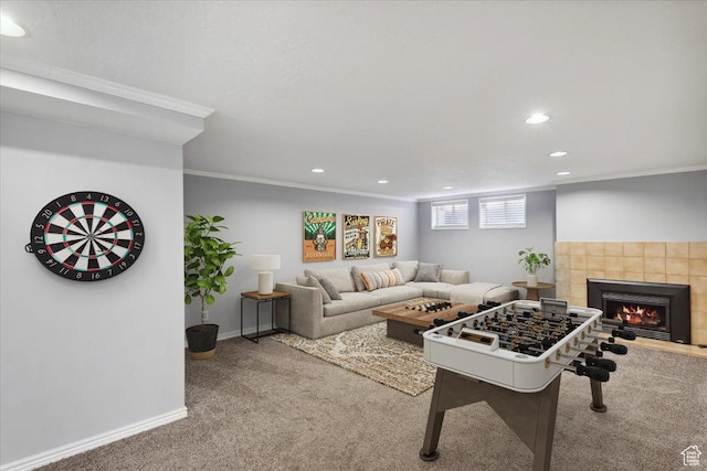 920 N 200 W, Bountiful, UT 84010 - carpeted living room with recessed lighting, crown molding, a fireplace, and baseboards