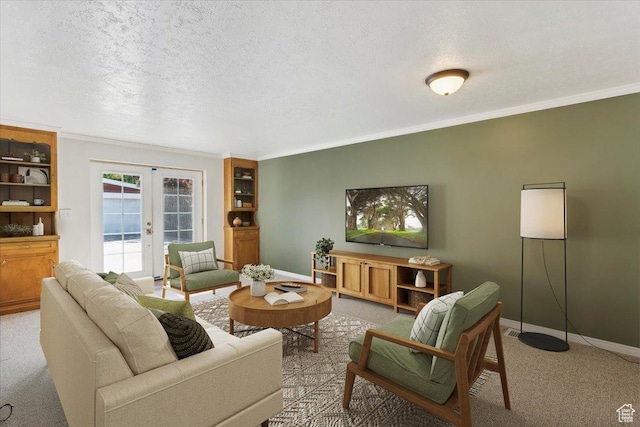 920 N 200 W, Bountiful, UT 84010 - carpeted living room with french doors, baseboards, crown molding, and a textured ceiling