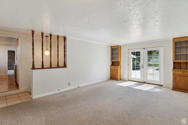 920 N 200 W, Bountiful, UT 84010 - unfurnished living room with carpet floors, french doors, baseboards, crown molding, and a textured ceiling