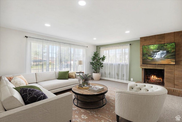 920 N 200 W, Bountiful, UT 84010 - living area with carpet, recessed lighting, and a fireplace