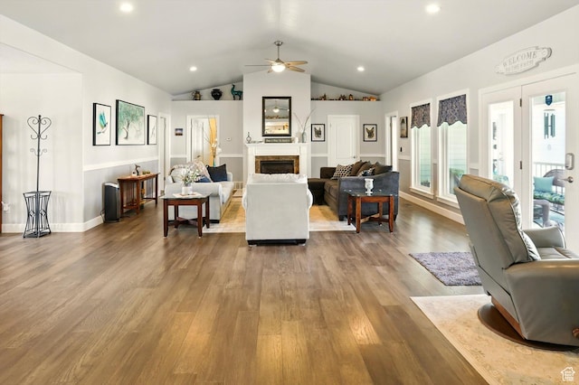 130 S 1500 W, Marriott Slaterville, UT 84404 - living area featuring ceiling fan, wood finished floors, vaulted ceiling, a fireplace, and recessed lighting