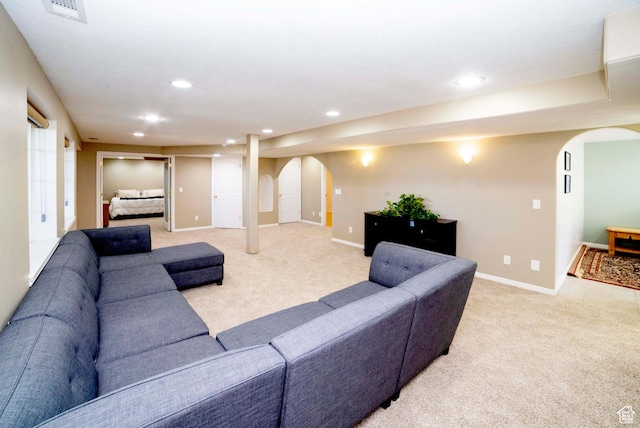 964 W Vahe St, Draper, UT 84020 - living room featuring arched walkways, light carpet, recessed lighting, and baseboards