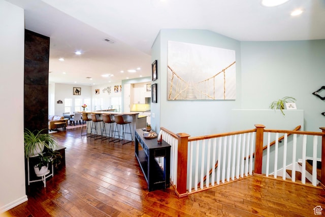 964 W Vahe St, Draper, UT 84020 - corridor with dark wood-type flooring, an upstairs landing, recessed lighting, and baseboards