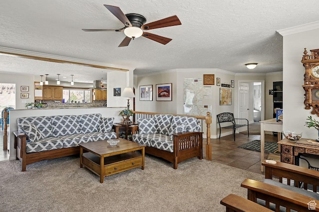 397 N Wendy Dr, Torrey, UT 84775 - living room with a ceiling fan, a textured ceiling, light colored carpet, ornamental molding, and baseboards