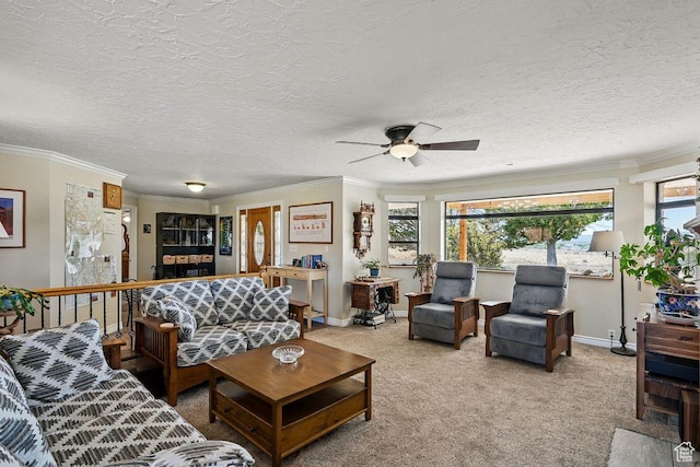 397 N Wendy Dr, Torrey, UT 84775 - carpeted living room with baseboards, ceiling fan, ornamental molding, and a textured ceiling