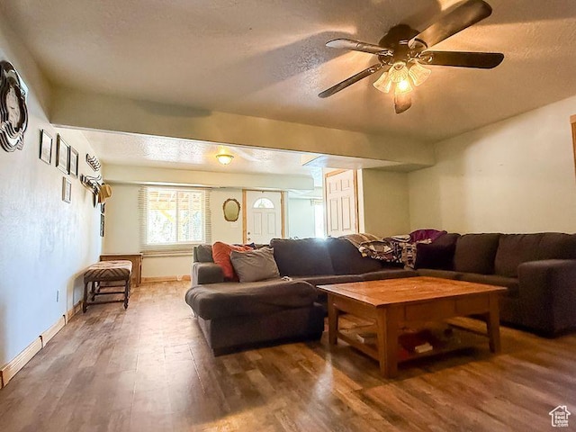 425 E Mule Deer Rd, Central, UT 84722 - living room with wood finished floors, a ceiling fan, baseboards, and a textured ceiling