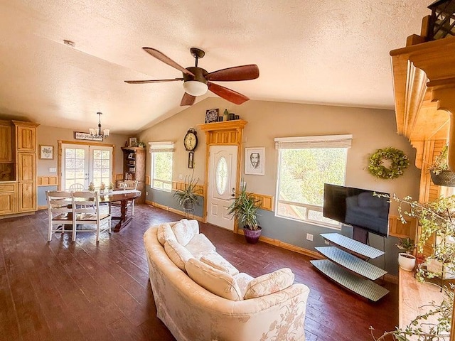 425 E Mule Deer Rd, Central, UT 84722 - living room with a textured ceiling, dark wood-style floors, ceiling fan, lofted ceiling, and healthy amount of natural light