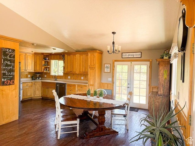 425 E Mule Deer Rd, Central, UT 84722 - dining room with dark wood finished floors, a chandelier, healthy amount of natural light, lofted ceiling, and french doors