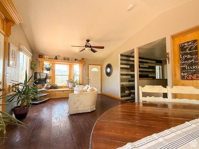 425 E Mule Deer Rd, Central, UT 84722 - living area featuring lofted ceiling, dark wood-style floors, ceiling fan, and baseboards