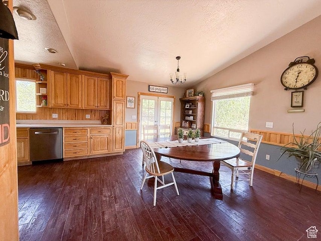 425 E Mule Deer Rd, Central, UT 84722 - dining area featuring lofted ceiling, french doors, dark wood finished floors, a textured ceiling, and a chandelier