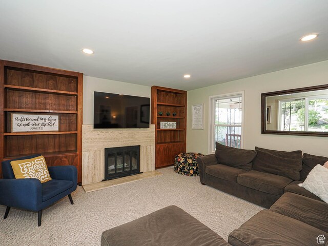 2244 E Laird Way, Salt Lake City, UT 84108 - carpeted living room with recessed lighting and a fireplace