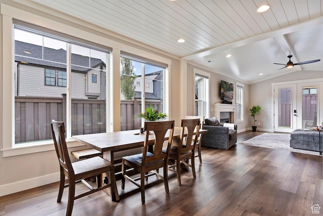 1494 W Lincoln Way, Kaysville, UT 84037 - dining room with baseboards, dark wood-style flooring, a fireplace, a ceiling fan, and recessed lighting