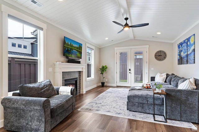 1494 W Lincoln Way, Kaysville, UT 84037 - living room with a tile fireplace, wood finished floors, a ceiling fan, baseboards, and french doors