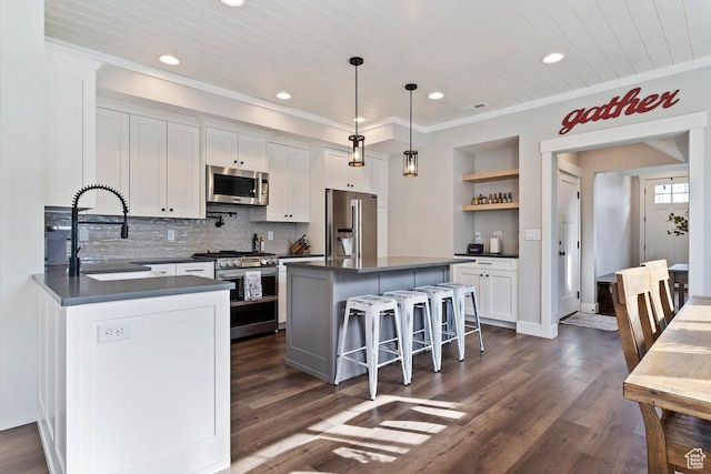 1494 W Lincoln Way, Kaysville, UT 84037 - kitchen with appliances with stainless steel finishes, dark countertops, open shelves, a sink, and white cabinetry
