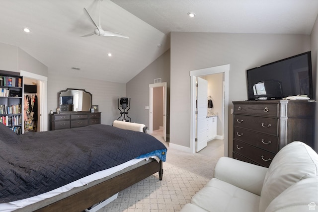 776 W Horizon Dr, Lehi, UT 84043 - bedroom featuring vaulted ceiling, light carpet, baseboards, a walk in closet, and ensuite bath