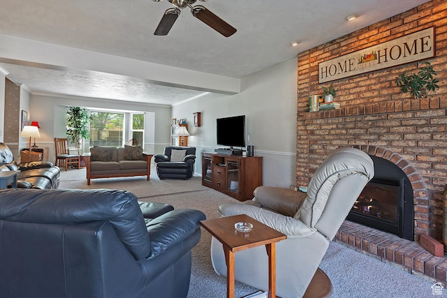 9039 S 1660 E, Sandy, UT 84093 - living room with carpet flooring, ceiling fan, and a brick fireplace