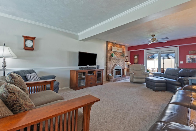 9039 S 1660 E, Sandy, UT 84093 - living room featuring carpet, a ceiling fan, a textured ceiling, ornamental molding, and a fireplace