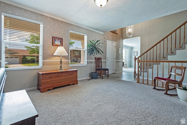 9039 S 1660 E, Sandy, UT 84093 - sitting room with carpet floors, baseboards, a chandelier, stairs, and crown molding