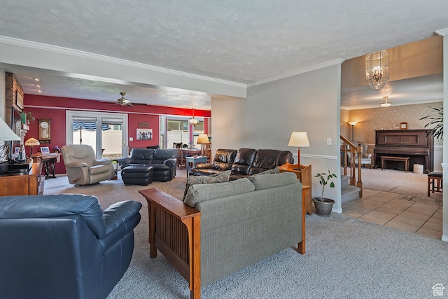9039 S 1660 E, Sandy, UT 84093 - living room with carpet flooring, stairs, ornamental molding, a chandelier, and ceiling fan