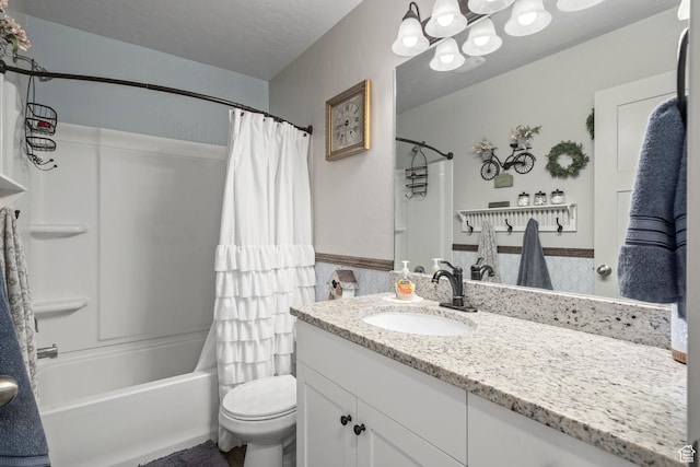 177 E 610 S, Santaquin, UT 84655 - full bath with vanity, shower / tub combo with curtain, toilet, wainscoting, and a chandelier