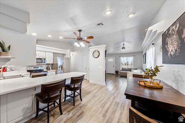 2811 E Paradise Way, St George, UT 84790 - kitchen with stainless steel appliances, a sink, a ceiling fan, vaulted ceiling, and light countertops