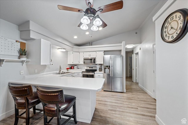 2811 E Paradise Way, St George, UT 84790 - kitchen featuring appliances with stainless steel finishes, a sink, a ceiling fan, a peninsula, and light wood-type flooring