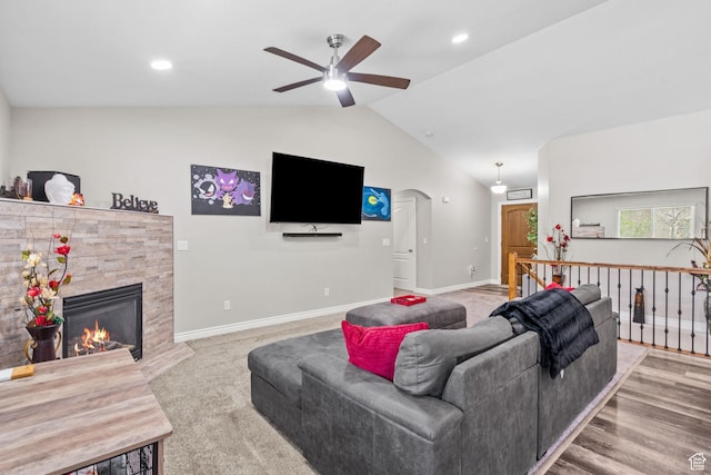 1809 E Kay Ln, South Weber, UT 84405 - living room with vaulted ceiling, ceiling fan, arched walkways, a fireplace, and recessed lighting