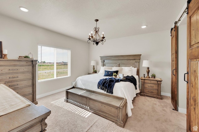 3154 S Edgewater Ln W, Syracuse, UT 84075 - bedroom featuring a barn door, light colored carpet, baseboards, a chandelier, and recessed lighting