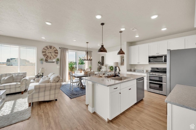 3154 S Edgewater Ln W, Syracuse, UT 84075 - kitchen with stainless steel appliances, a sink, light wood finished floors, open floor plan, and recessed lighting