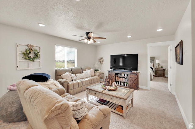 3154 S Edgewater Ln W, Syracuse, UT 84075 - living room featuring ceiling fan, light carpet, recessed lighting, a textured ceiling, and baseboards
